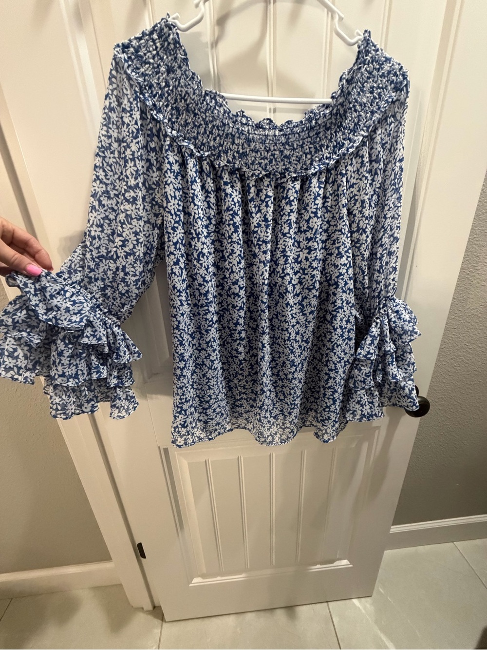 CeCe Blue and White Floral Smocked Off-Shoulder Blouse